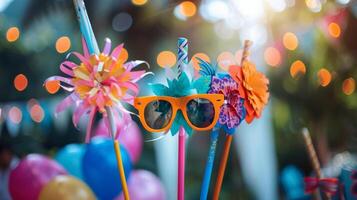 A defocused photo booth with silly props for guests to use