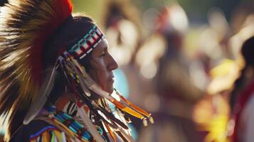 Out of focus depiction of Native Americans performing a traditional dance in historical attire photo