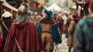 Defocused scene of a medieval marketplace with actors in authentic costumes photo