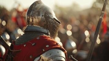 Obscured view of knights jousting at a medieval reenactment event photo