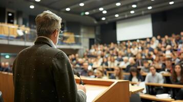 An obscured podium and blurred attendees at a busy public lecture photo