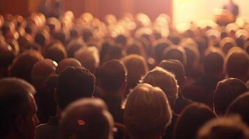 A hazy vision of a speaker and a defocused audience at an informative public lecture photo