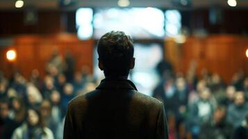 Blurred images of a lecturer and a crowded room at a thoughtprovoking public lecture photo