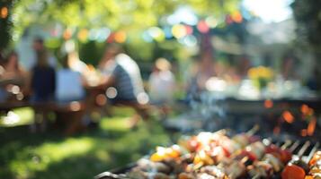 Blurry scene of a community BBQ with friendly neighbors and delicious smells coming from every direction photo