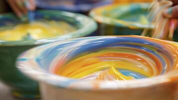 A swirl of blurred colors as students experiment with different glazes on their pottery photo