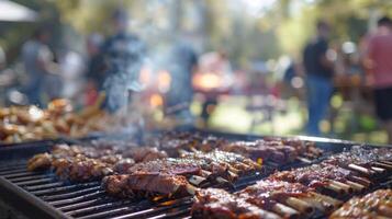 Blurry scene of a largescale barbecue cookoff with competitors and judges buzzing around in the background photo