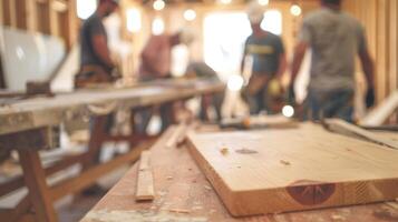 Out of focus carpenters creating in a crowded roo photo