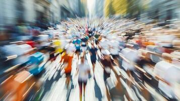 A chaotic scene of blurred runners and cheering spectators in the distance photo
