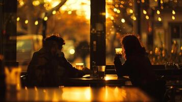 Dimly lit cafe environment with indistinct figures sipping on their beverage photo