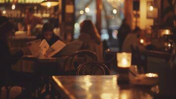Dimly lit cafe with hazy figures reading books and newspaper photo
