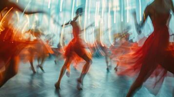 Defocused figures twirling and leaping in perfect synchronization photo