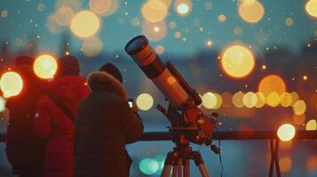 Blurry figures huddled around a telescope searching for celestial objects photo