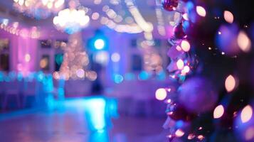 Defocused view of a room transformed into a winter wonderland for the party photo