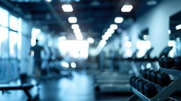 Defocused image of a bustling gym with silhouettes of figures working out in the background photo