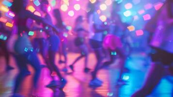 Defocused image of a Zumba class the neon lights and energetic music adding to the blurred effect photo