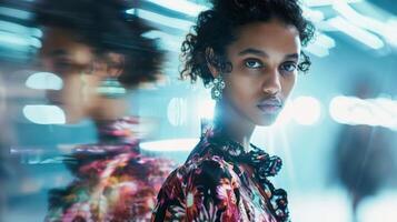 The runway fades into a soft blur as the models stand still the focus solely on their impeccable outfits photo