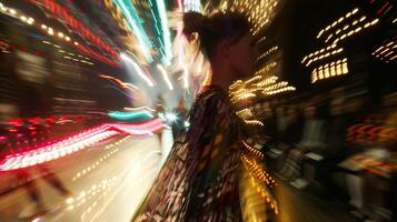 Defocused lights and dizzying patterns create a whimsical atmosphere as the fashion show reaches its photo