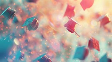 Graduates tossing their caps in a sea of soft colors and hazy shapes photo