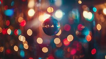 A blurred disco ball sending glimmering lights throughout the room creating a party hub for the crowd photo