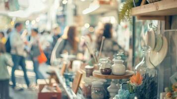Hazy visions of smiling vendors and curious shoppers perusing handmade wares at a craft fair photo