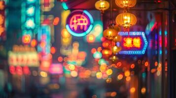 Neon signs blend together in a hazy backdrop photo