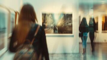 A hazy gallery scene with s of people admiring the photos on display