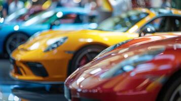 Blurred out audience admiring an array of sports cars at a busy car show photo