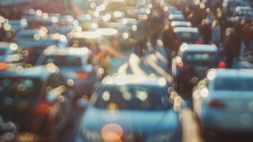 Hazy backdrop of a bustling car show with blurry figures moving amidst the rows of cars photo