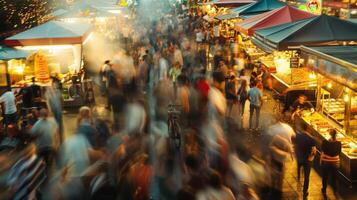 A busy and bustling scene of defocused food stalls and excited festivalgoers photo