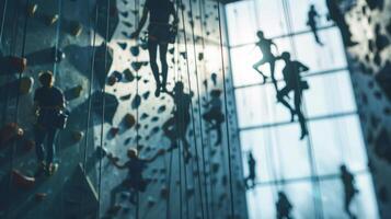 Hazy shadows of climbers ascending rock walls in a bustling gy photo