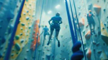 Soft haze enveloping climbers navigating their way through a challenging indoor rock climbing cours photo