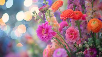 Defocused flower arrangements create a hazy whimsical backdrop at the festival photo