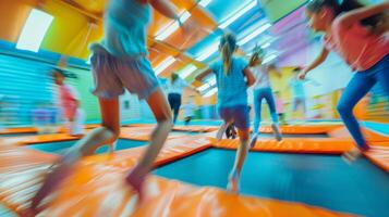 Depicted motion of kids bouncing and twisting in an indoor trampoline playground photo