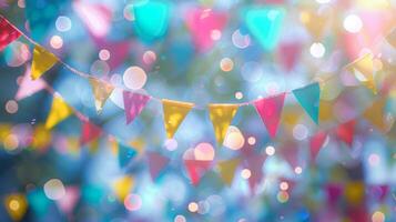 Soft outoffocus strings of colorful streamers and flags swaying in the breeze photo