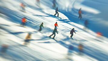 Hazy figures shredding the slopes on skis and board photo