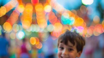 The only clear image amidst the blur is the bright smile on a childs face as they enjoy the carnival photo