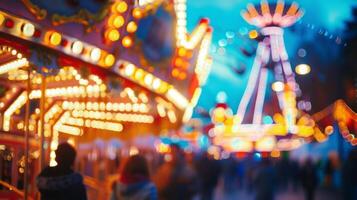 Spectators at the carnival are surrounded by a defocused display of flashing lights and spinning rides photo
