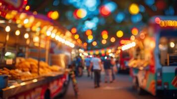 Defocused background of a food truck festival with the smell of fried delights in the air photo