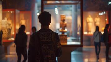 Fuzzy outlines stand in awe of the artifacts on display in the museum exhibit photo