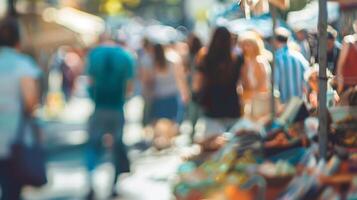 Hazy scene of bargain hunters and merchants bustling around at the flea market photo