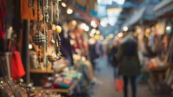A misty glimpse into the lively world of the flea market with defocused shoppers and eclectic goods photo