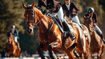 Partially focused image of a group of riders and their majestic horses jumping over obstacles with confidence photo