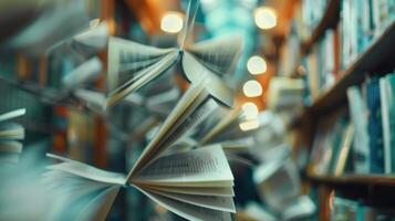 Soft focus on fluttering pages of books as people flip through them with interest photo