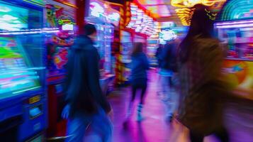 Blurry figures move around the arcade lost in the excitement of the games photo