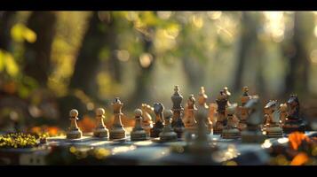 Fuzzy figures move their chess pieces on a board set a the trees photo