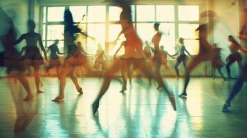 Blurry figures of dancers leaping and twirling in a spacious dance studio photo