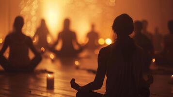 Softly diffused light a group of blurred individuals engaged in meditation photo