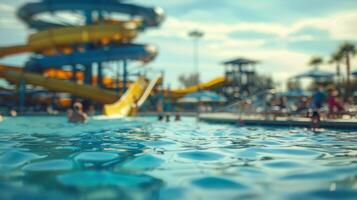 Fuzzy backdrop of towering slides and crowded pools photo