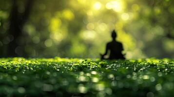 The blurred effect of still bodies in a sea of blurry greenery deep in meditation photo