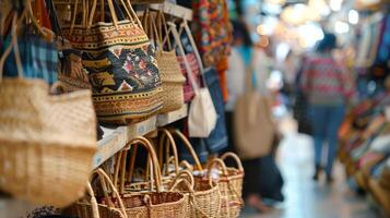 Cloudy view of shoppers browsing through rows of handcrafted baskets and bags photo